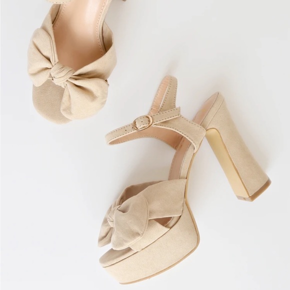 [lulus] Lyeluh Light Nude Suede Bow Platform Heels - Picture 2 of 3